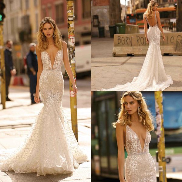

2020 new berta mermaid wedding dresses sweep train deep v neck lace beads vestidos de novia customized backless plus size boho wedding dress, White