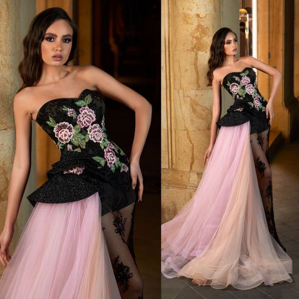 

tony chaaya 2020 prom dresses strapless lace appliques evening gowns custom made sweep train mermaid formal party dress, Black