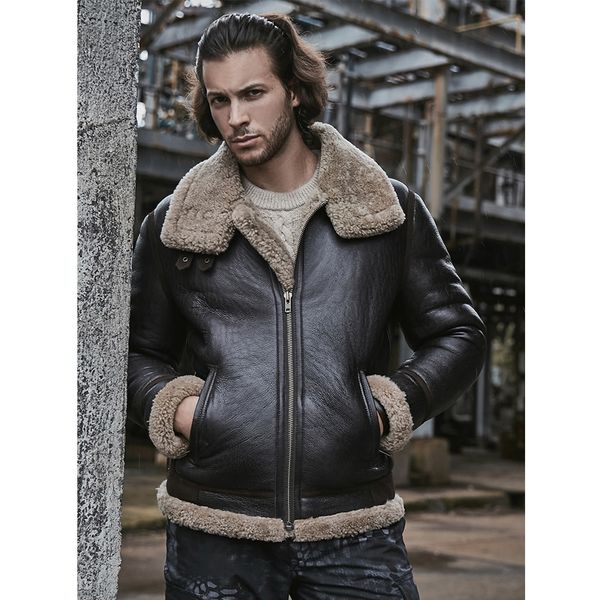

2019 new mens sheepskin shearling jacket motorcycle coat short b3 bomber jacket mens leather fur coat thick winter coats, Black