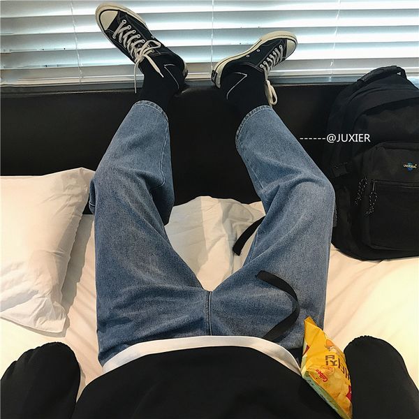 

2019 new spring and summer korean casual couple men's cotton loose trend handsome straight jeans -2xl size hip hop streetwear, Blue