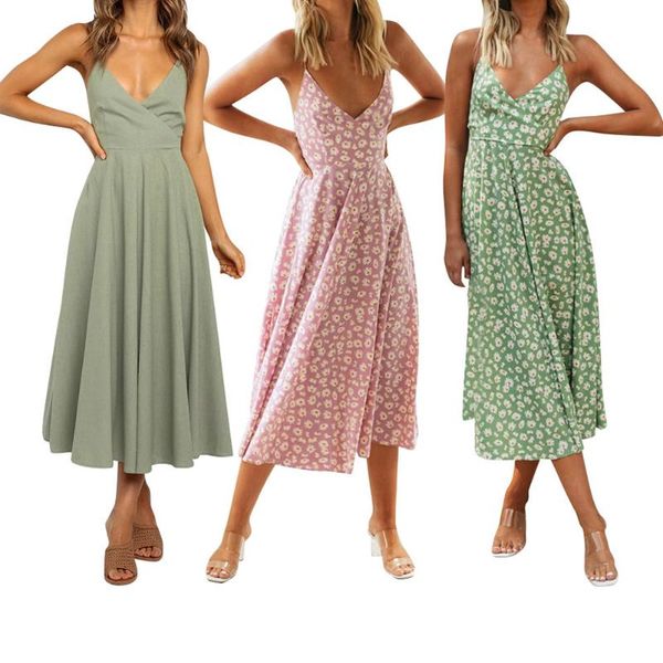 

casual elegant women's strappy dress summer boho floral sleeveless backlesslong maxi dress ladies party beach sundress 4fz, Black;gray