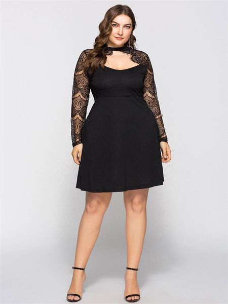 

6XL Womens Summer Black Lace Dresses Crew Neck A Line Knee Length Female Clothing Fashion Plus Size Casual Apparel