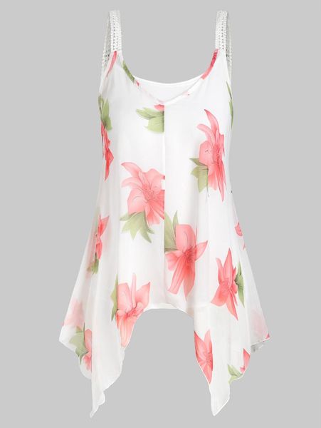 

wipalo plus size asymmetrical floral chiffon tank women sleeveless long v neck summer ladies tank women clothes, White