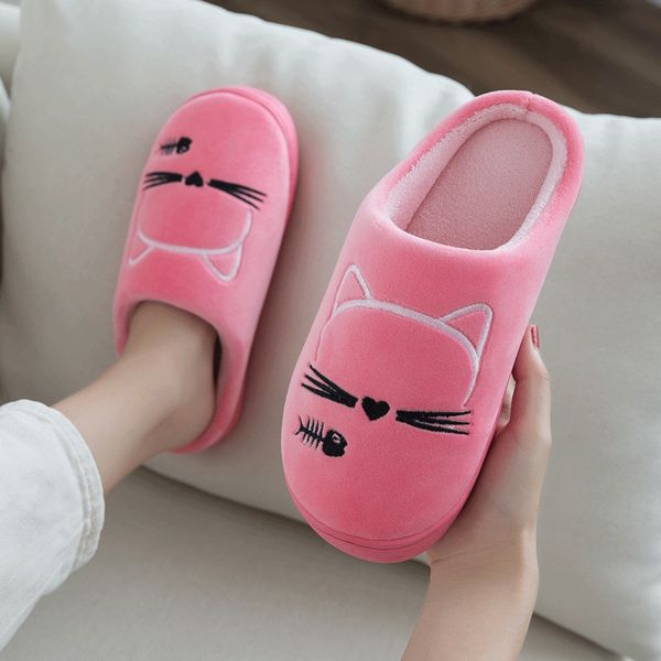 

oeak fluffy fur slippers winter house slippers cat fish printed plush soft autumn indoor slip on slipper, Black