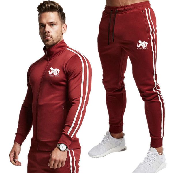 

fitness muscle print men sport set spring tracksuit long sleeve hoodie sweatshirt gym fitness pants workout running suit, Black;blue