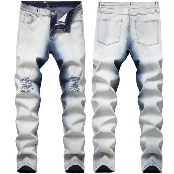 

style skinny pencil pants 2020 mens designer hole jean gradient color jeans fashion hip hop street, Blue