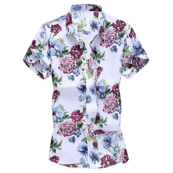 

klv short sleeve male shirt cotton blend men's blouse fashion slim loose hawaii tunic men's printed turn-down collar, White;black