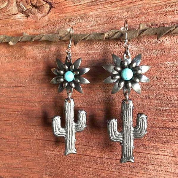 

retro cute sun flower plant cactus drop earrings for women girl ethnic antique silver gold stone vintage earrings jewelry