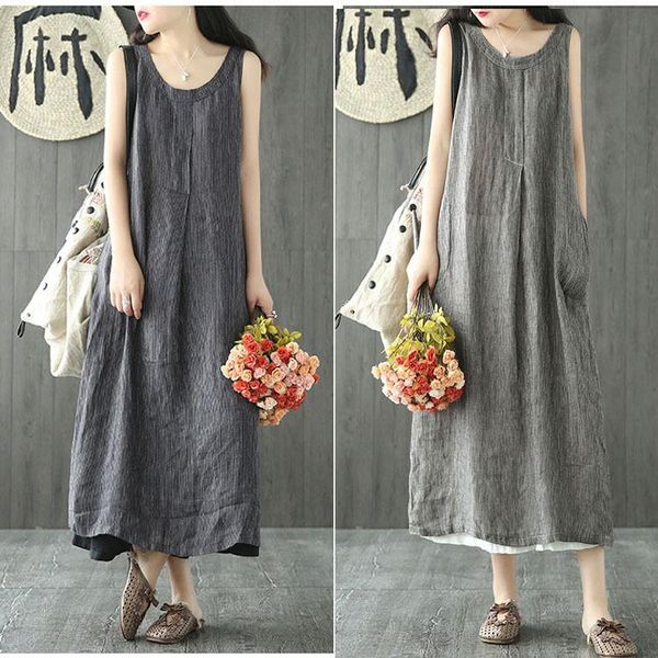 

women summer stripe linen dresses crew neck sleeveless relaxed midi female clothing casual literary style fashion apparel, Black;gray