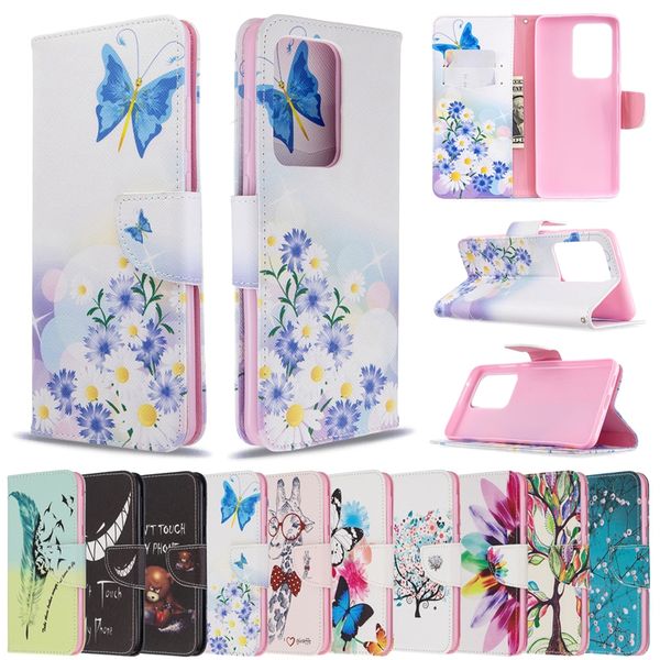 Casos de carteira de couro de moda para Samsung S22 Ultra A23 5G A73 A03 Core A13 4G A33 A53 M52 S20 PLUS Borboleta de Elefante Flor Cartoon Cartão de ID do Cartoon Slot Holder Stand