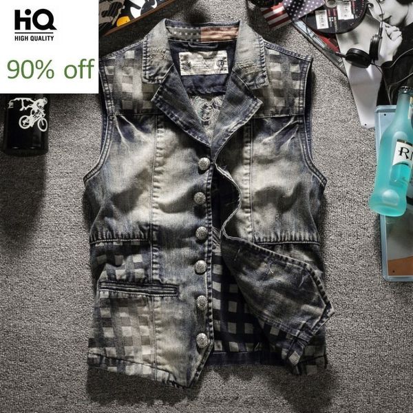 

men casual suits denim vest slim fit single breasted sleeveless jeans jacket plaid cowboy embroidery waistcoat outerwear, Black;white