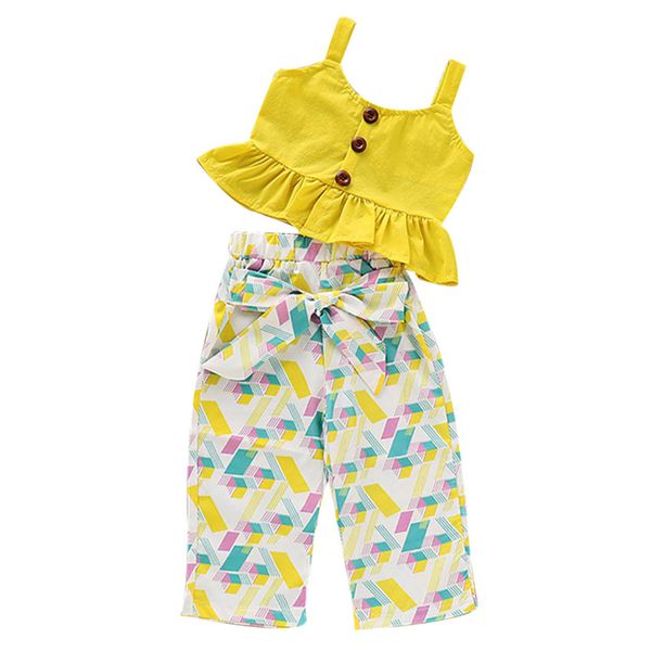 

baby girl two-piece set yellow button printed long pants outfits summer clothes m09, White