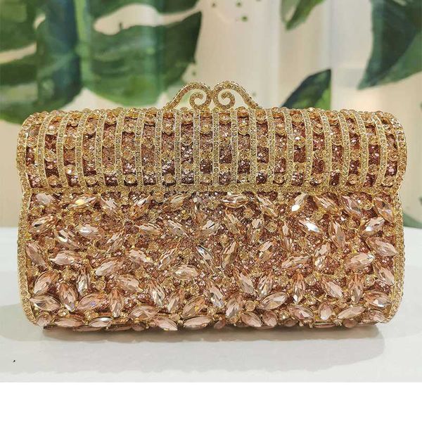 

champagne color rhinestone women clutch purse gold metal gemstone crystal lady evening party bag fashion female mini phone case