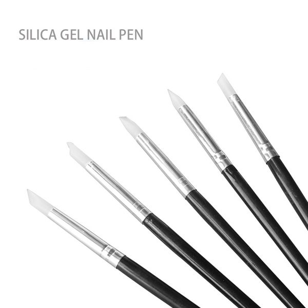 

5pcs mixed nail art silicone brush sculpture pen 3d carving glitter powder uv gel polish manicure nail tips dotting brush set, Yellow