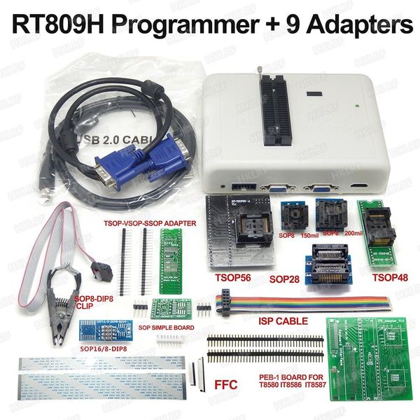 Freeshipping RT809H EMMC-NAND FLASH Programador + 9 Adaptadores + TSOP56 Adaptador + TSOP48 Adaptador + SOP8 Clipe de Teste COM CABELOS EMMC-Nand Boa Qualidade