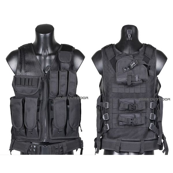 

outdoor hunting tactical vest army gear molle vest carrier combat mesh with gun holster ak mag pouch, Camo;black