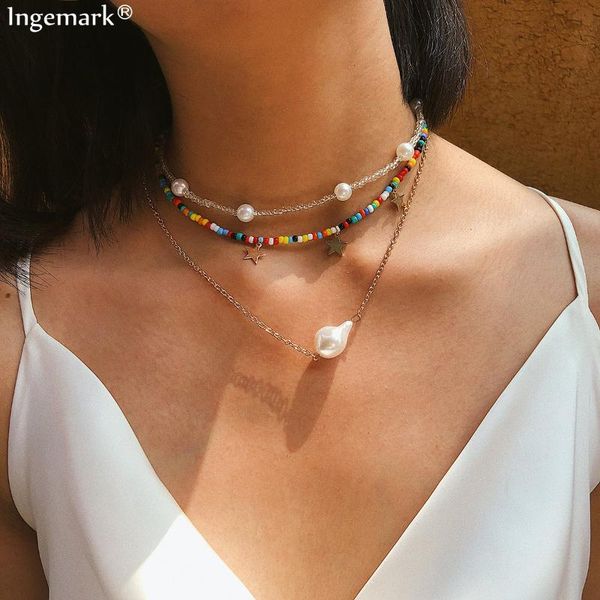 

multi layer baroque pearl love choker necklace women gift punk rainbow star tassel bead chain necklace sweet girlfriend jewelry, Silver