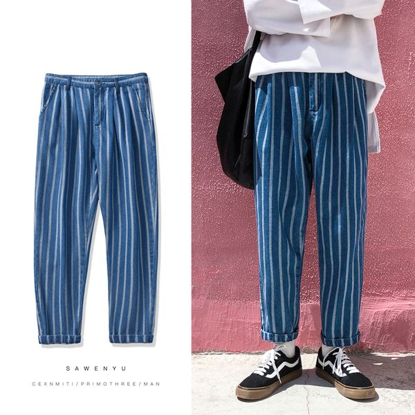 

autumn and winter new jeans men fashion striped denim pants man streetwear hip hop loose straight trousers male clothes, Blue