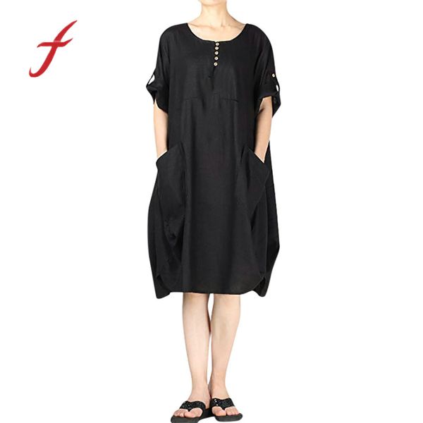 

feitong dress women's cotton linen dresses summer roll-up sleeve baggy sundress pockets summer dress vestidos de fiesta de noche, Black;gray