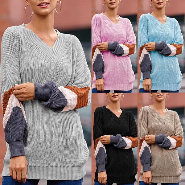 

fashion women sweaters autumn winter color block puff sleeve v neck knit sweater women blouse, White;black