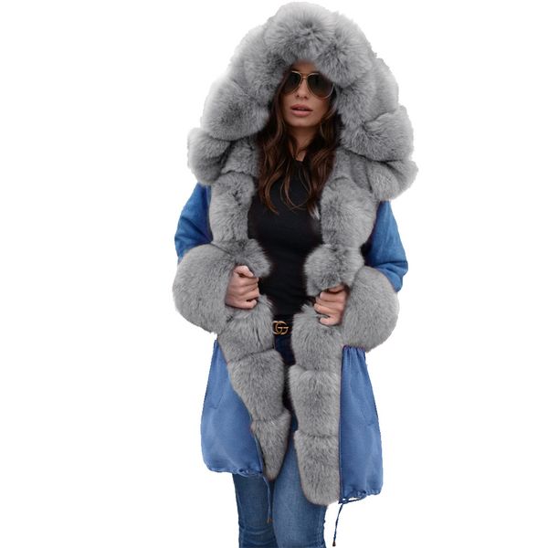 

women's fashion warm long fur collar hooded coat cotton-padded jacket coat autumn and winter 2019, Black