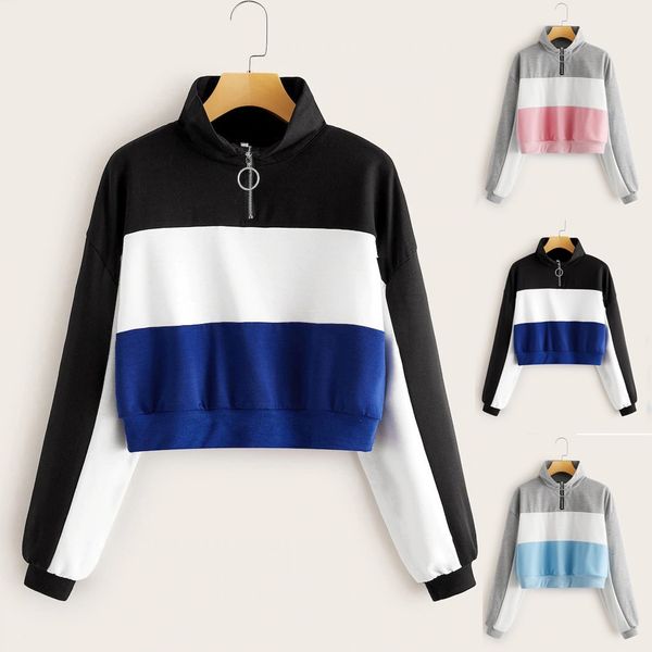

women's sweatshirt long-sleeved patchwork coat fashion women turtleneck long sleeve o-ring zipper color block sweatshirt top, Black