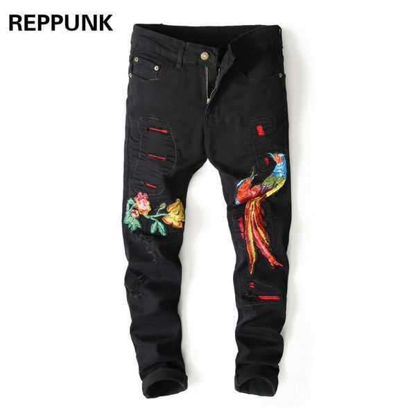 

fashion skinny black jeans destroyed men patchwork broken pencil pants for male hip hop embroidered phoenix flowers boy trousers, Blue
