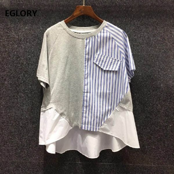 

2020 summer fashion & tees women o-neck striped print patchwork short sleeve asymmetrical casual basic grey blue, White