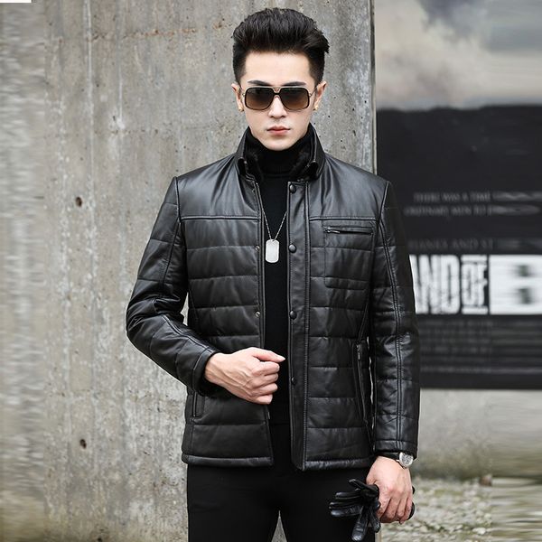 

leather jacket men slim real leather jackets winter genuine cow men's duck down coat jaqueta de couro nr42 yy514, Black
