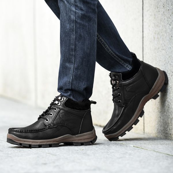 

winter men's hiking boots casual plus velvet warm high walking shoes genuine leather non-slip outdoor sports shoes, Black
