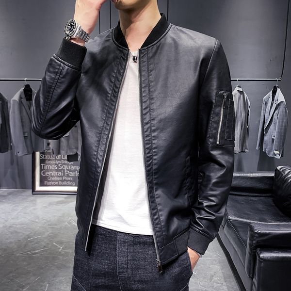 

gzdeerax pu leather mens jackets luxury stand collar zipper mens jackets and coats solid color slim fit male coats plus size 5xl, Black