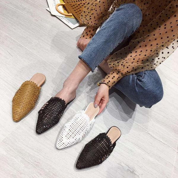 

rattan style women slippers new knit casual sandals indoor floor shoes home mules pointed toe flat shoes woman 2020, Black