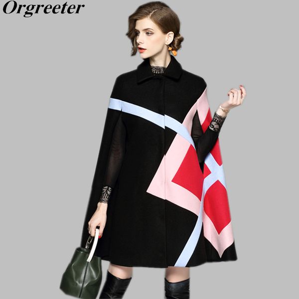 

runway 2018 autumn winter women cloak poncho lapel wool blends coat geometric patchwork batwing sleeve tweed cape outerwear, Black