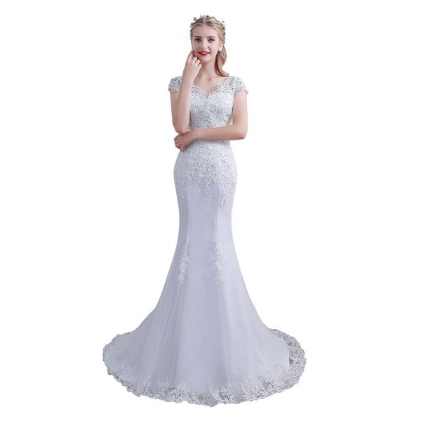 

beading lace appliqued mermaid wedding dress with short sleeves lace up bridal dresses gown sweep train hochzeit, White