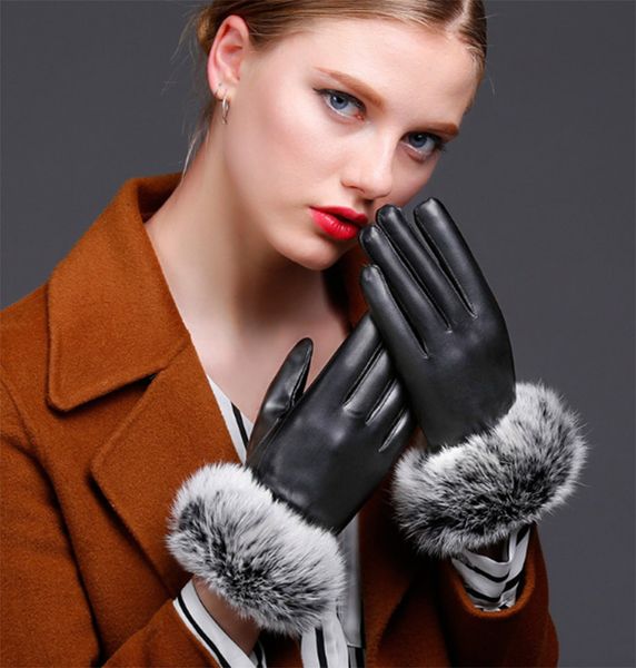 

autumn and winter ladies fashion plus velvet thick warm outdoor sports gloves rabbit fur leather touch screen gloves gift, Blue;gray