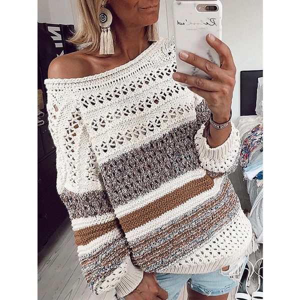 

off shoulder sweater women 2019 fashion autumn multicolor striped knitted pullovers elegant hollow out sweater, White;black