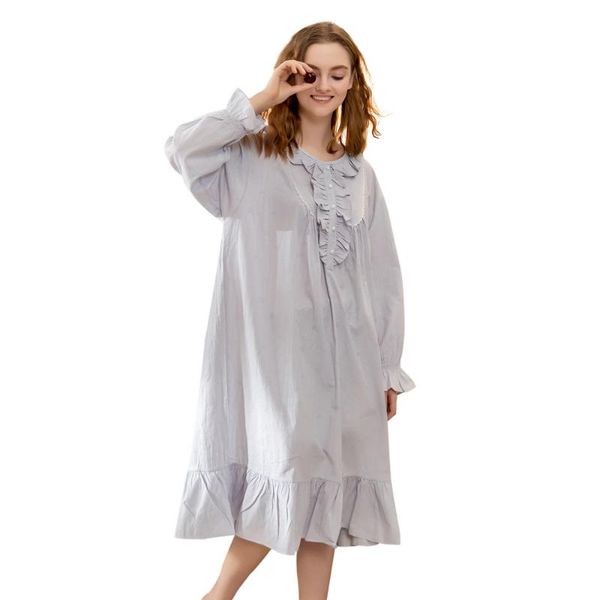 

women ladies spring summer cotton long-sleeved home clothes small fresh wrinkled ruffled sweet night skirt, Black;red