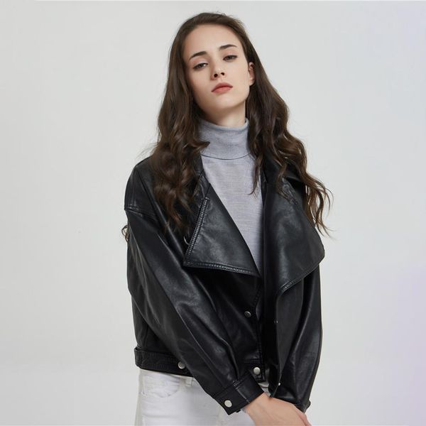 

2019 winter autumn women leather turn-down collar zipper rivet button pu motorcycle vintage casual jacket short leather jackets, Black