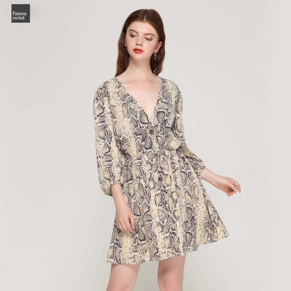 

women dress v neck snake pattern elastic waist three quarter casual pleated buttons sleeve mini vestidos qa423 designer clothes, Black;gray
