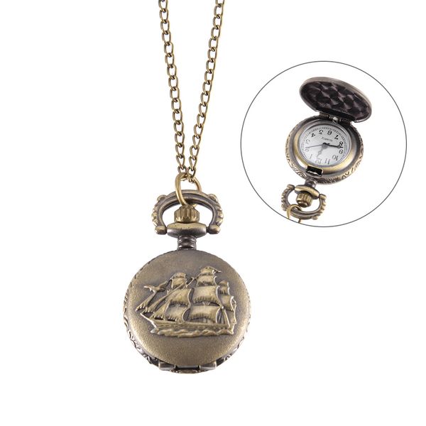 

new vintage pocket watch bronze color quartz watch cool chain sailboat pattern watches mv66, Slivery;golden
