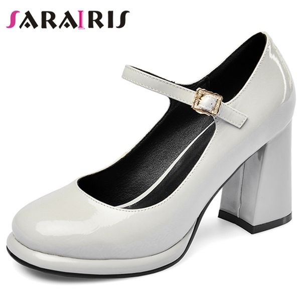 

sarairis large size 33-43 brand female round toe high heels buckle belt pumps party pumps women geuine leather shoes woman, Black