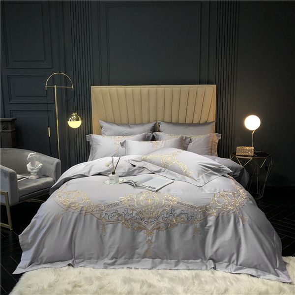 

grey chic embroidery duvet cover set king  size 4pcs luxury ultra soft egyptian cotton bedding sets bed sheet pillowcase