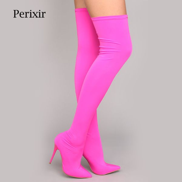

2019 fashion color customized stretchy lycra sock boots pointy toe over-the-knee heel thigh high pointed toe women boots, Black