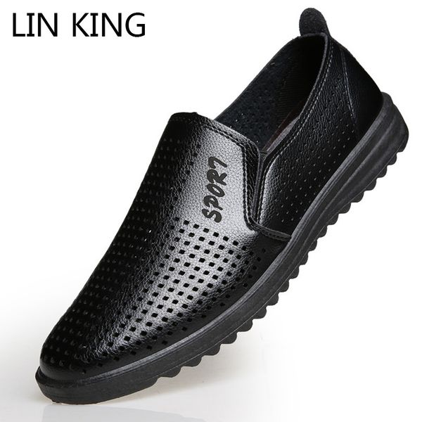 

lin king spring autumn men loafers moccasins shoes pu leather slip on lazy casual shoes breathable male hollow out flats, Black