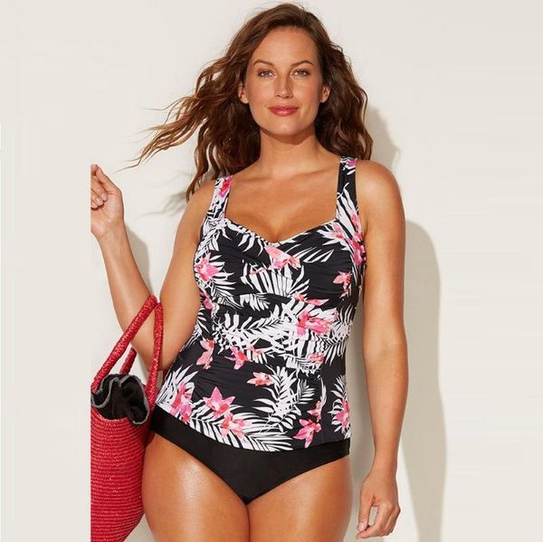 

1 set plus size l-4xl swimwear women floral halter tankini print maillot de bain summer beach swimsuit large sizes push up, White;black