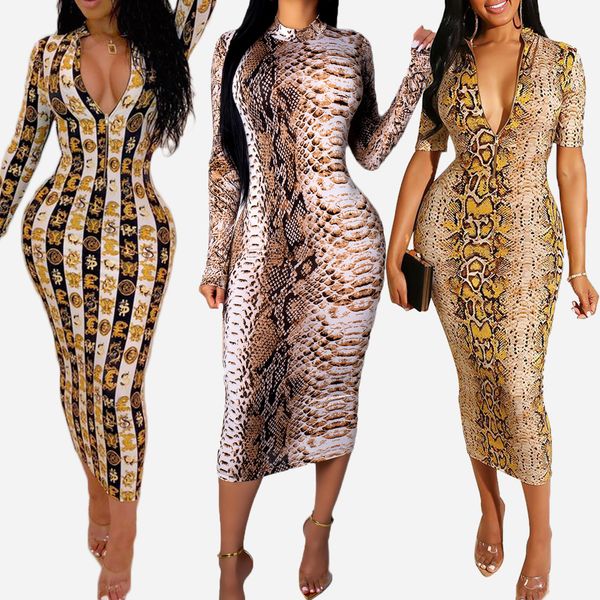 

new arrival women's dress designer for summer luxury snakeskin print long sleeve dress v-neck bodycon dress & club style sale, Black;gray