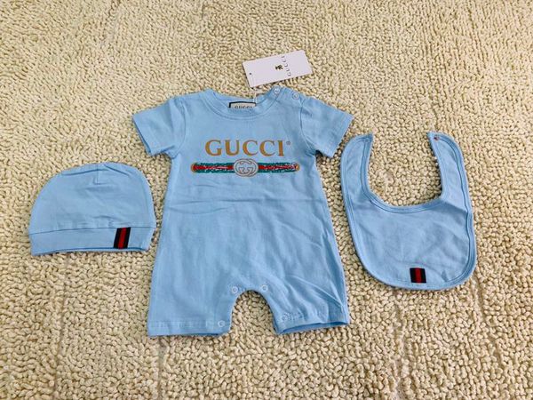 

3pcs baby rompers+hat+bibts baby boys girls clothing set cute jumpsuit infant cotton short sleeve kids clothes for ing, Blue