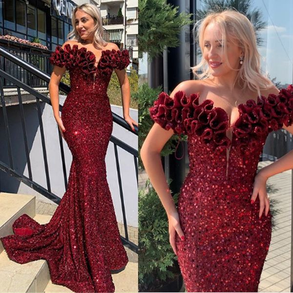 

wine red evening dresses off the shoulder mermaid sequins prom dresses noble formal party bridesmaid pageant gowns robes de soiree, Black;red