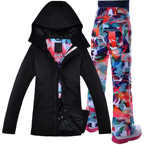 

gsou ski suit, waterproof breathable female, black coat, ski jacket + pants, thermal protection, windproof