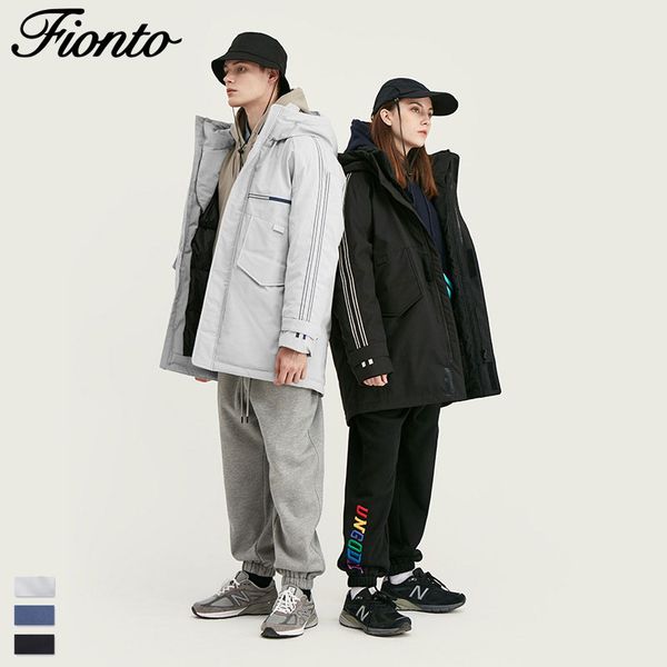 

fionto men's wear winter 2019 new fashion brand line embroidered stripe large pocket men's long hat down coat, Black